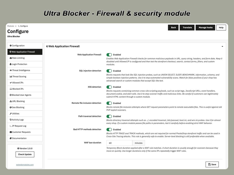 xtdblocker - Moduł bezpieczeństwa Ultra Blocker dla PrestaShop - moduł PrestaShop firmy Extendo Modules