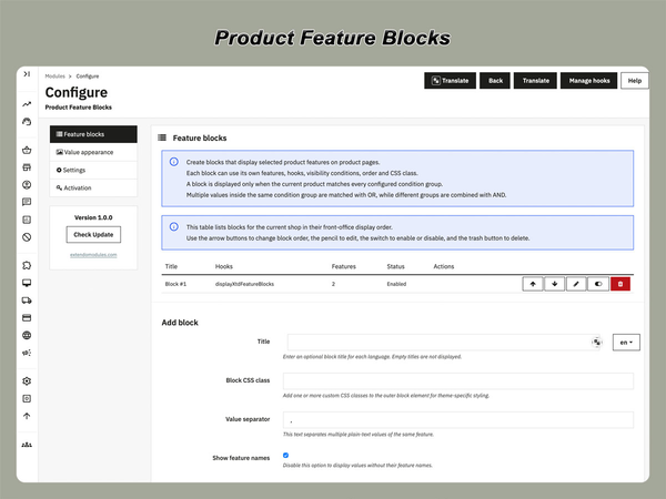 xtdfeatureblocks - Módulo de bloques de características del producto - Módulo PrestaShop de Extendo Modules