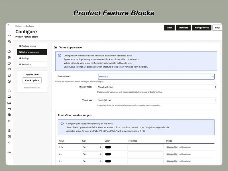xtdfeatureblocks - Módulo de bloques de características del producto - Módulo PrestaShop de Extendo Modules