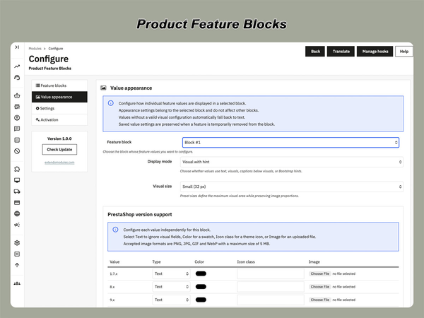 xtdfeatureblocks - Módulo de blocos de recursos do produto - Módulo PrestaShop da Extendo Modules
