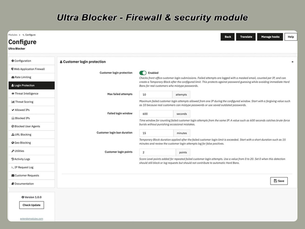 xtdblocker - Moduł bezpieczeństwa Ultra Blocker dla PrestaShop - moduł PrestaShop firmy Extendo Modules
